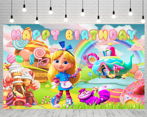 ASCLO Cartoon Alice Backdrop for Birthday Party Supplies 5x3ft Alice's Wonderland Bakery Photo Backgrounds Alice's Wonderland Bakery Theme Baby Shower Banner for Birthday Cake Table Decoration Pink