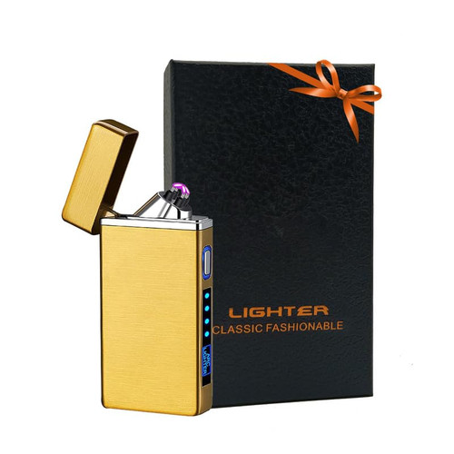 SKRFIRE Windproof Lighter Outdoor, Dual Arc Electric Lighter PVD-Plating Wearproof Lighter Rechargeable USB Lighter Flameless Plasma Lighter with Rhythmic Flashing Battery Indicator (ICY Gold)