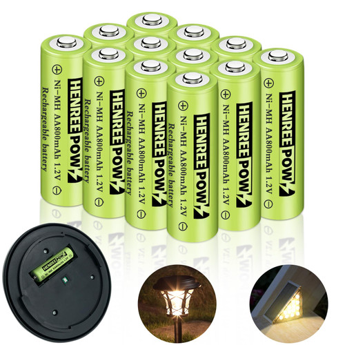 Henreepow Rechargeable AA Batteries, Ni-MH Double A Solar Batteries High Capacity 1.2V Pre-Charged for Outdoor Solar Lights, String Lights?Pathway Lights(AA-800mAh-12pack)