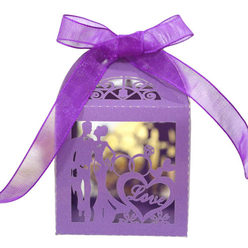 50pcs Lover Silhouette Gift Boxes Laser Cut Boxes Wedding Party Favor Boxes Lace Candy Boxes for Wedding Bridal Shower Birthday Party Decorations with Ribbons (Dark Purple)