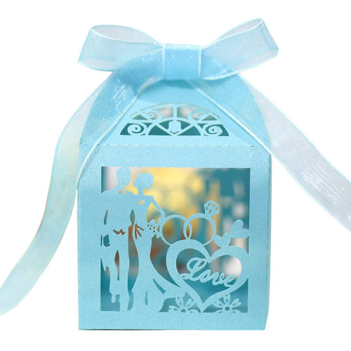 Lover Silhouette Gift Boxes Laser Cut Boxes Wedding Party Favor Boxes Lace Candy Boxes for Wedding Bridal Shower Birthday Party Decorations with Ribbons 50pcs (Pale Blue)