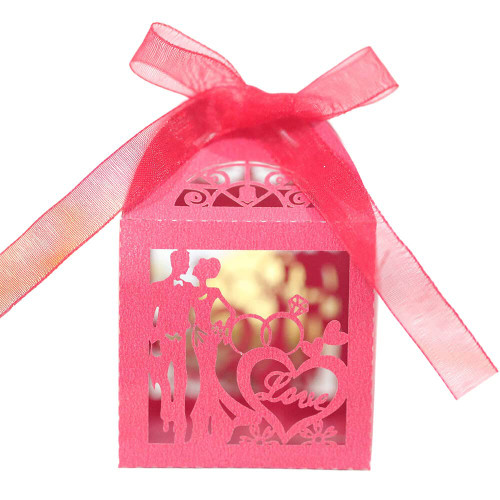 Lover Silhouette Gift Boxes Laser Cut Boxes Wedding Party Favor Boxes Lace Candy Boxes for Wedding Bridal Shower Birthday Party Decorations with Ribbons 50pcs (Red)