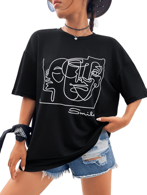 SweatyRocks Women's Casual Oversized Graphic T Shirt Half Sleeve Drop Shoulder Tee Top Black S