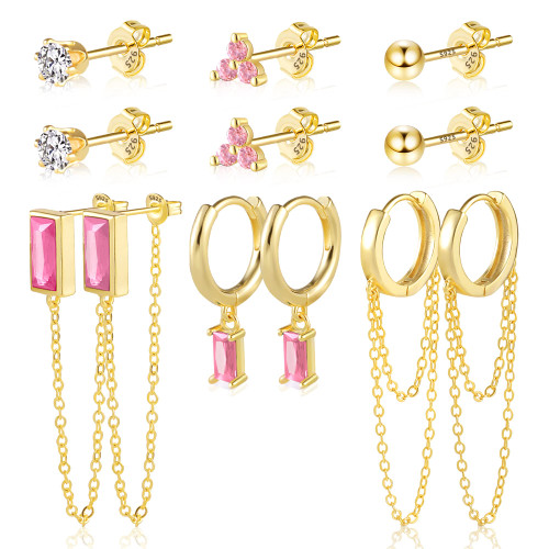6 Pairs Assorted Pink Earring Sets for Multiple Piercing | 14K Gold Plated Sterling Silver Studs Earrings Huggies Chain Drop Dangle Small Hoop Earrings Set for Women