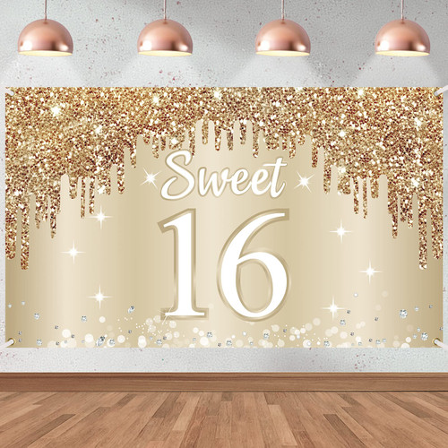 Happy Sweet 16th Birthday Banner Backdrop Decorations for Girls, Gold White Sweet 16 Birthday Sign Party Supplies, Sixteen Year Old Birthday Photo Booth Background Poster(72.8 x 43.3 Inch)