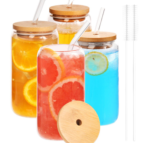 Finew 4PCS Drinking Glasses with Bamboo Lids and Straws, Glass Cups Set, 16oz Beer Can Shaped Glasses, Iced Coffee Cups, Cute Tumbler Cup, for Whiskey, Wine Cocktail Boba Tea Gift Finew 4PCS Drinking Glasses with Bamboo Lids and Straws, Glass Cups Set, 16oz Beer Can Shaped Glasses, Iced Coffee Cups, Cute Tumbler Cup, for Whiskey, Wine Cocktail Boba Tea Gift