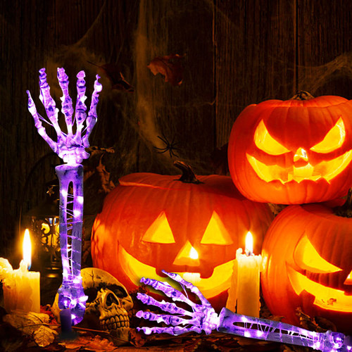 Halloween Decorations Lighted Skeleton Arm Stakes,2PCS 40 LED Skeleton Hand Stakes,Waterproof Battery Operated & Timer,Light Up Holiday Party Home Yard,Indoor Outdoor Decor(Purple)