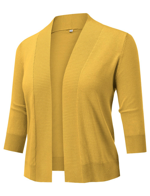 AstoSeu Women's 3/4 Sleeve Cropped Cardigan Sweater Bolero Open Front Short Shrugs for Dresses Yellow S