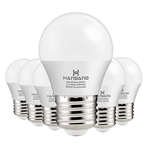 Hansang A15 LED Bulb Light 6 Watt (60w Equivalent),E26 Standard Base,5000K Daylight,600 Lumens,Frosted G45/A15 Bulb Shape,CRI>83,Ceiling Fan Light Bulb,Home Appliance Bulb,No Dimmable (6 Pack)