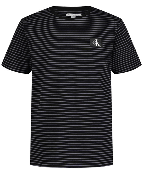 Calvin Klein Boys' Short Sleeve Striped Crew Neck T-Shirt, Soft, Comfortable, Relaxed Fit, Extra Linear Black, 14-16