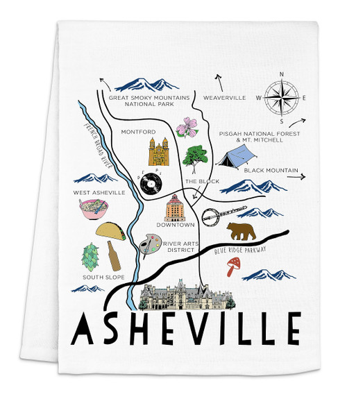 Moonlight Makers, Colorful Funny Dish Towel, Flour Sack Kitchen Towel, Sweet Housewarming Gift, Farmhouse Kitchen Decor (Asheville Map)