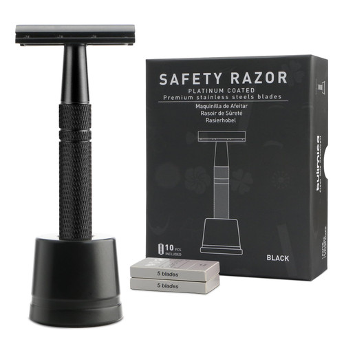 Matte Black Double Edge Safety Razor with Stand for Men, Reusable Metal DE Razor with 10 Platinum Coated Double Edge Safety Razor Blades, Women's Safety Shaving Razors Matte Black Double Edge Safety Razor with Stand for Men, Reusable Metal DE Razor with 10 Platinum Coated Double Edge Safety Razor Blades, Women's Safety Shaving Razors