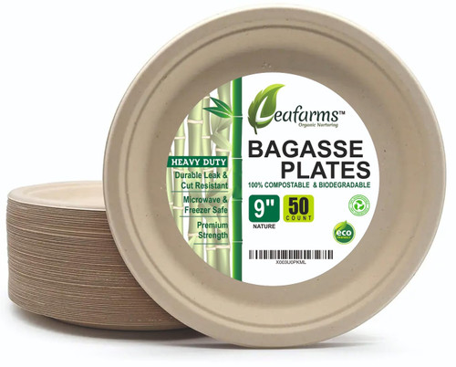 Leafarms 100% Compostable 9 Inch Paper Plates [50-Pack] Disposable Party Plates I Heavy Duty Eco-Friendly Dinner Plates Disposable I Biodegradable Unbleached Sugarcane Eco Plates - (Color - Nature)