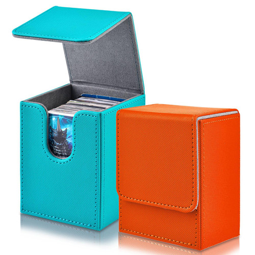 FCSELFLESS 2 Boxes Leather Card Deck Boxes Large Size Fit 100+ Plus Sleeved Cards Deck Game Box for Collectible Cards Deck with 2 Dividers Compatible with MTG,TCG,CCG(Orange,Teal,Vertical)