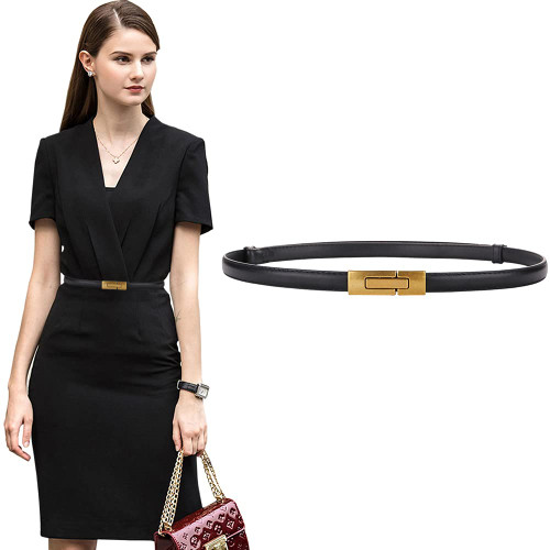 ALAIX Women's Leather Skinny Belt for Dress Adjustable Thin Waist Belt Dress Belt with Vintage Gold Buckle Black