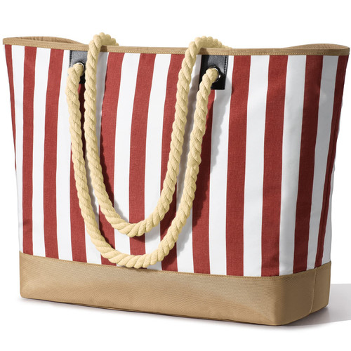 Beach Bags for Women, Pool Bag Waterproof Sandproof Beach Bag Large Capacity Beach Swim Bag with Zipper Stripe Beach Tote Red