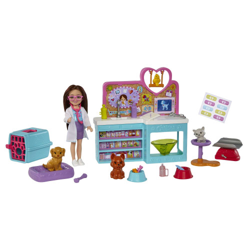 Barbie Chelsea Can Be Doll & Accessories, Pet Vet Playset with Brunette Small Doll, 4 Animals & 18 Pieces