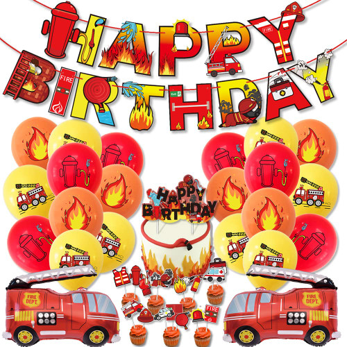 Fire Truck Birthday Party Supplies for Boys Girls Kids, Firetruck Themed Happy Birthday Banner, Foil firetruck balloons, Cake Cupcake Toppers for Fireman Firefighter Birthday Party Room Decorations