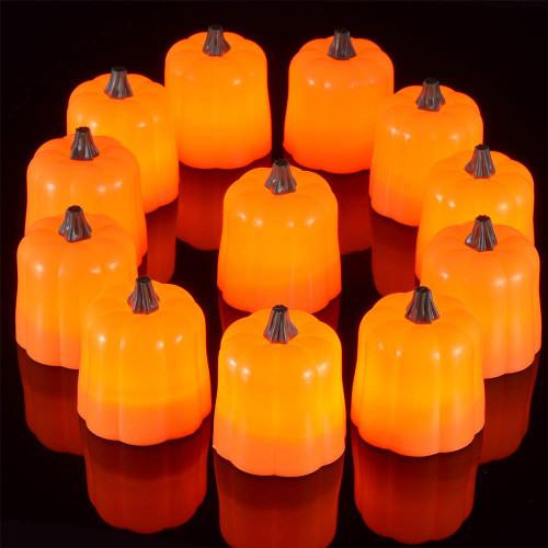 Yme LED Orange Halloween Pumpkin Lights, 12 Pack Flickering Flameless Pumpkin Tea Lights Battery Operated for Halloween Party Favors Fall Table Decorations Indoor