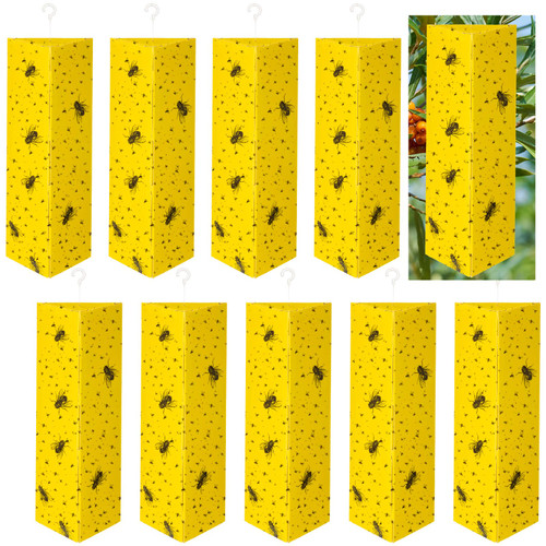 Fruit Fly Traps Yellow Sticky Traps for Gnats Fruit Fly Triangular Hanging Fly Traps with Hook for House Indoor Outdoor Fly Sticky Trap Pest Control Traps for Mosquito, Flying Insect (10 Pieces)