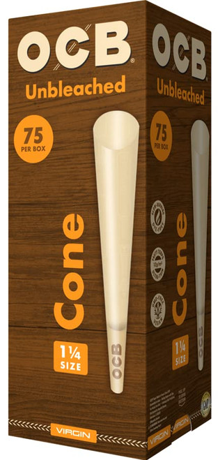 OCB Virgin Unbleached Pre-Rolled Rolling Paper Cones 1-1/4 (84mm) Size - 75 Cones