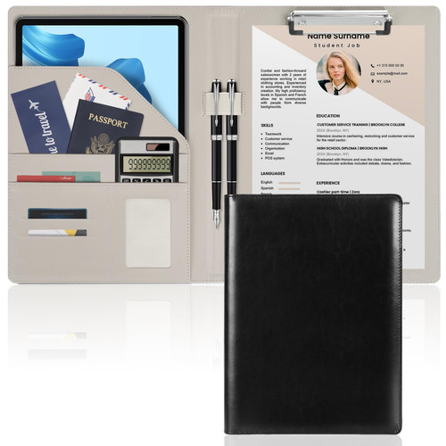 EUPLONG Padfolio Portfolio Resume Folder with Pocket, Premium PU Leather Interview Writing Legal Pads Document Organizer Portfolio with Business Card Holder (Black+White)