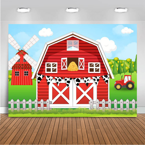 Mocsicka Farm Birthday Backdrop Red Barn Door Farm House Party Banner Farm Animals Theme Birthday Baby Shower Party Decorations Western Cowboy Farm Background for Photography (Red, 7x5ft(82x60 inch))