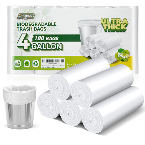 Inwaysin Small Trash Bags Biodegradable, Ultra Thick & Strong 4 Gallon Trash Bag, Unscented Small Garbage Bags, Easy Tearing Waste Basket Liners for Kitchen, Bathroom, Bedroom, Office,180 Counts