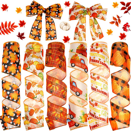 Yuxung 6 Rolls 30 Yards Fall Burlap Ribbon Rolls Wired Wrapping Ribbon Buffalo Plaid Pumpkin Truck Turkey Maple Harvest Fall Ribbon Thanksgiving Wreath Decoration for Autumn Craft Bow Gifts Making