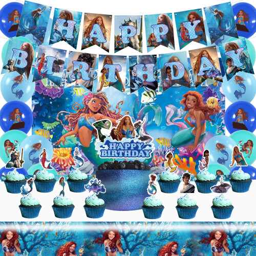 Little Mermaid Birthday Party Supplies Mermaid Birthday Party Decorations Include Backdrop, Tablecloth, Birthday Banners, Cake Decoration, 24 Cupcake Toppers for Little Mermaid Party Favors