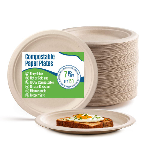 Paper Plates 7 Inch [150 Count] Brown Heavy-Duty - Microwavable, Hot & Cold, Sturdy Grease Resistant, Eco-Friendly, Food Grade Sugar Cane Fiber