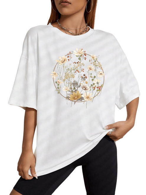 SweatyRocks Women's Casual Floral Print Half Sleeve T Shirt Drop Shoulder Loose Tee Top White L