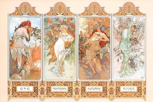 buyartforless 4 (Four) Seasons by Alphonse Mucha 36x24 Art Nouveau Art Print Poster Multicolor