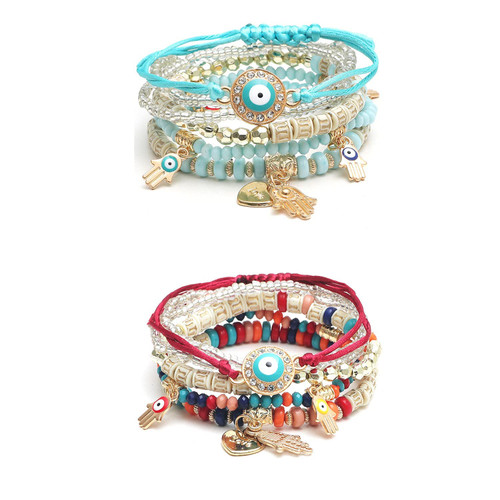 COLORFUL BLING 4/2 Sets Bohemian Stretch Beads Bracelets Multilayer Evil Eye Hamsa Hand Bracelet Boho Charms Stackable Bracelet Handmade Multicolor Crystal Beaded Lucky Protection Bangles Strand Set