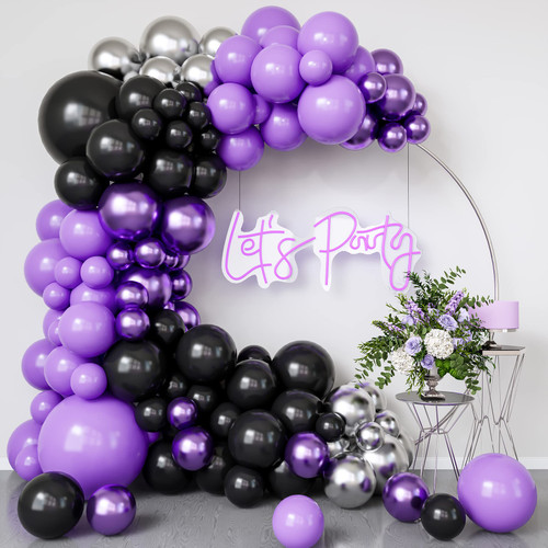 Purple and Black Balloon Arch Garland Kit-Metallic Silver Balloon Metallic Purple Balloon 132Pcs for Birthday,Gender Reveal,Baby Shower,Halloween,Christmas Party Decoration.