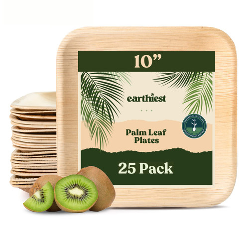 Palm Leaf Plates - 10 Inch. Square Bamboo Like Disposable Plates, Dinner Party Plates - Plastic & Wooden Plates Nice Compostable Alternative - Plates by Earthiest(25 Pack), Brown