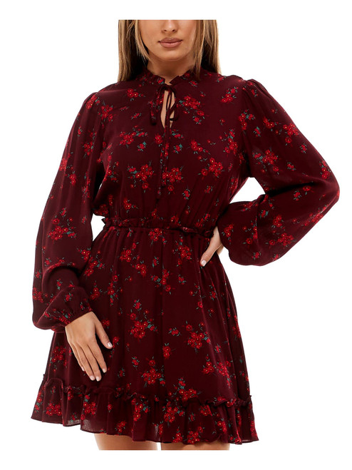 B Darlin Womens Burgundy Ruffled Split Neck with Tie Floral Long Sleeve Short Party Fit + Flare Dress Juniors 9