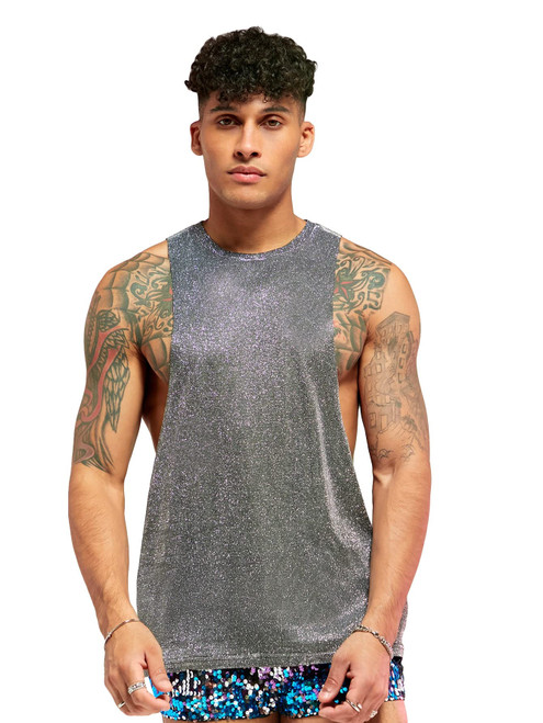 Cozyease Men's Glitter Round Neck Sleeveless Tank Top Night Club Party Solid Knitted Tank Tops Silver S