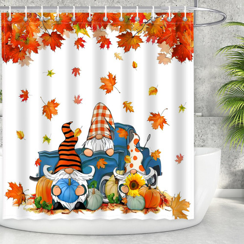 BOARDFEB Fall Shower Curtain, Autumn Gnome Pumpkins Water-Repellent Bath Curtains Shower Curtain Autumn Maple Leaves Bathroom Curtains Set with Hooks, 72 X 72 Inches