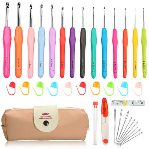 SEKIU Crochet Hooks Set, 14 Size (2mm-10mm) Ergonomic Crochet Needle with Storage Case, Crochet Hooks for Arthritic Hands, Extra Long? Knitting Needles (Pink)