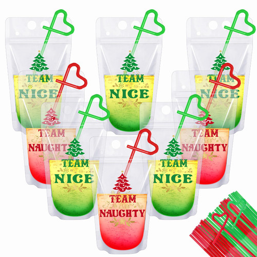 Thyle 50 Pcs Christmas Drink Pouches with 50 Straws, Team Naughty Team Nice Juice Pouches Reclosable Plastic Drink Bags Red Green Christmas Drinkware Holiday Xmas Party Drinking Pouches Beverage Bag Thyle 50 Pcs Christmas Drink Pouches with 50 Straws, Team Naughty Team Nice Juice Pouches Reclosable Plastic Drink Bags Red Green Christmas Drinkware Holiday Xmas Party Drinking Pouches Beverage Bag