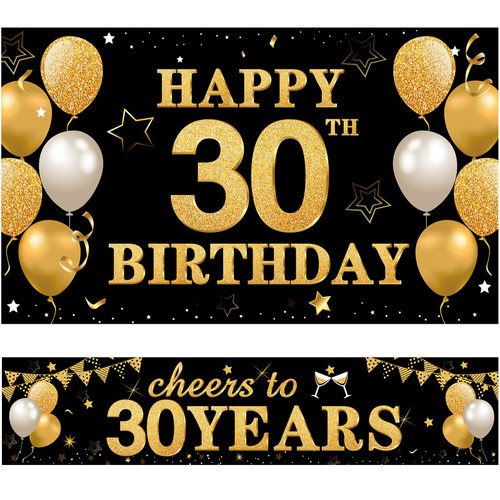 2Pcs 30th Birthday Banner Backdrop Decorations for Men Women, Black Gold Happy 30th Birthday Cheers to 30 Years Yard Banner Sign Party Supplies, Thirty Year Old Birthday Decor for Indoor Outdoor