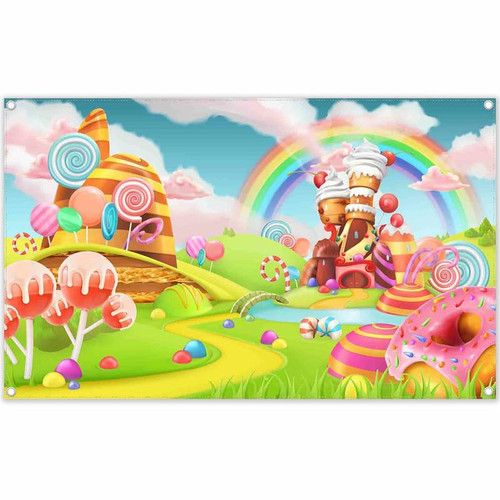 Yriujul 72x43inch Polyester Lollipop Candyland Backdrop Sweet Cartoon Rainbow Photography Background 1st Birthday Baby Shower Party Decorations Photo Banner Props