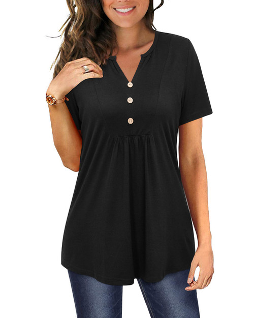 LAISHEN Women's Short Sleeve Henley V Neck Shirts Button Down Tunic Tops Casual Summer Blouse(Black,L)