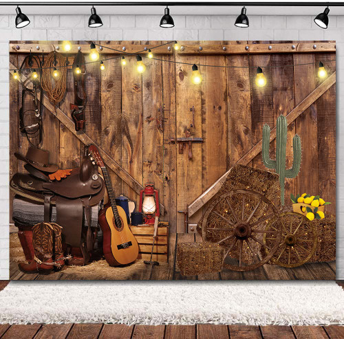 SVBright Western Cowboy Backdrop 7Wx5H Rustic Warehouse Barnyard Fall Farm Barn Wooden Door Board Country Wild West Men Boys Birthday Party Decorations Photography Background Banner Photo Booth Studio