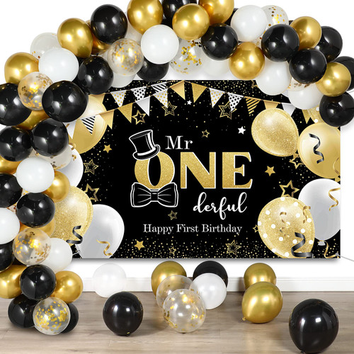 Boys 1st Birthday Decoration Mr. Onederful Birthday Party Supplies 1st Happy Birthday Backdrop Photography Background with Balloons for Baby Toddler Little Man First Birthday Decor (Black and Gold)