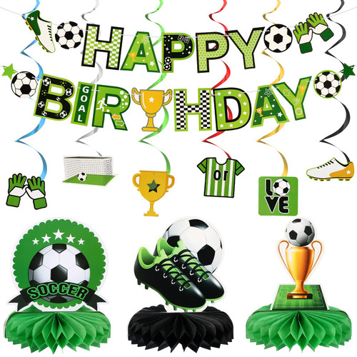 16 Pcs Soccer Birthday Party Decorations Soccer Party Supplies Include Soccer Happy Birthday Banner, Paper Cutouts, Honeycomb Centerpiece, Soccer Hanging Swirl for Boys Kids Sports Football Parties