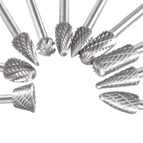 10Pcs Tungsten Carbide Burr Set 1/8" Shank, Double Cut Rotary Cutting Burrs Die Grinder Bits, Assorted Solid Rotary Burr Kit for Steel and Wood Working, Grinding, Carving, Engraving-Double Cutting