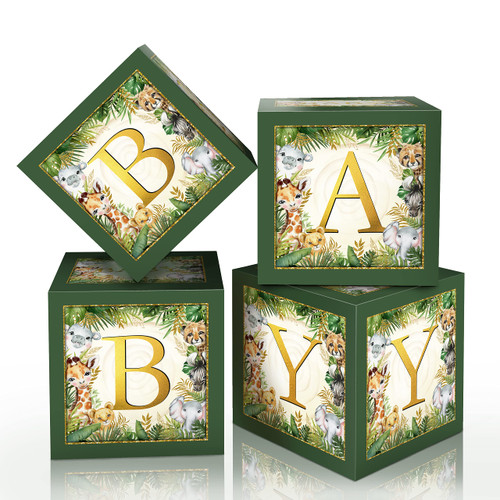 Jungle Safari Baby Boxes with Letters for Baby Shower Decorations Boy Girl Jungle Animal Theme Decor Balloon Blocks for Jungle Safari Baby Shower Gender Reveal Birthday Party Supplies