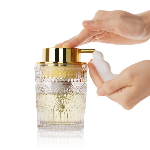 Retyion Foaming Soap Dispenser Hand Soap Dispenser Refillable Glass Foaming Hand Soap Dispense with Gold Plastic Pump for Kitchen & Bathroom